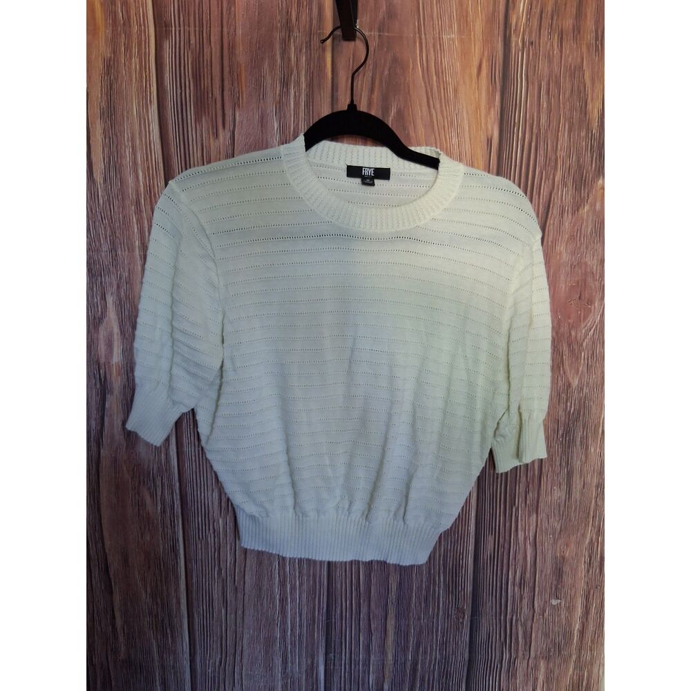 FRYE woman's ivory cream pintelle knit crewneck short sleeve sweater top medium